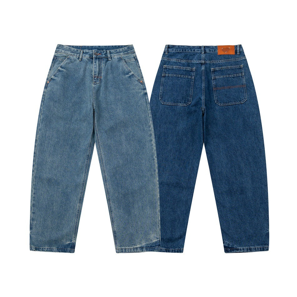 Blue jeans shown side by side from the front and back, with relaxed, straight legs.