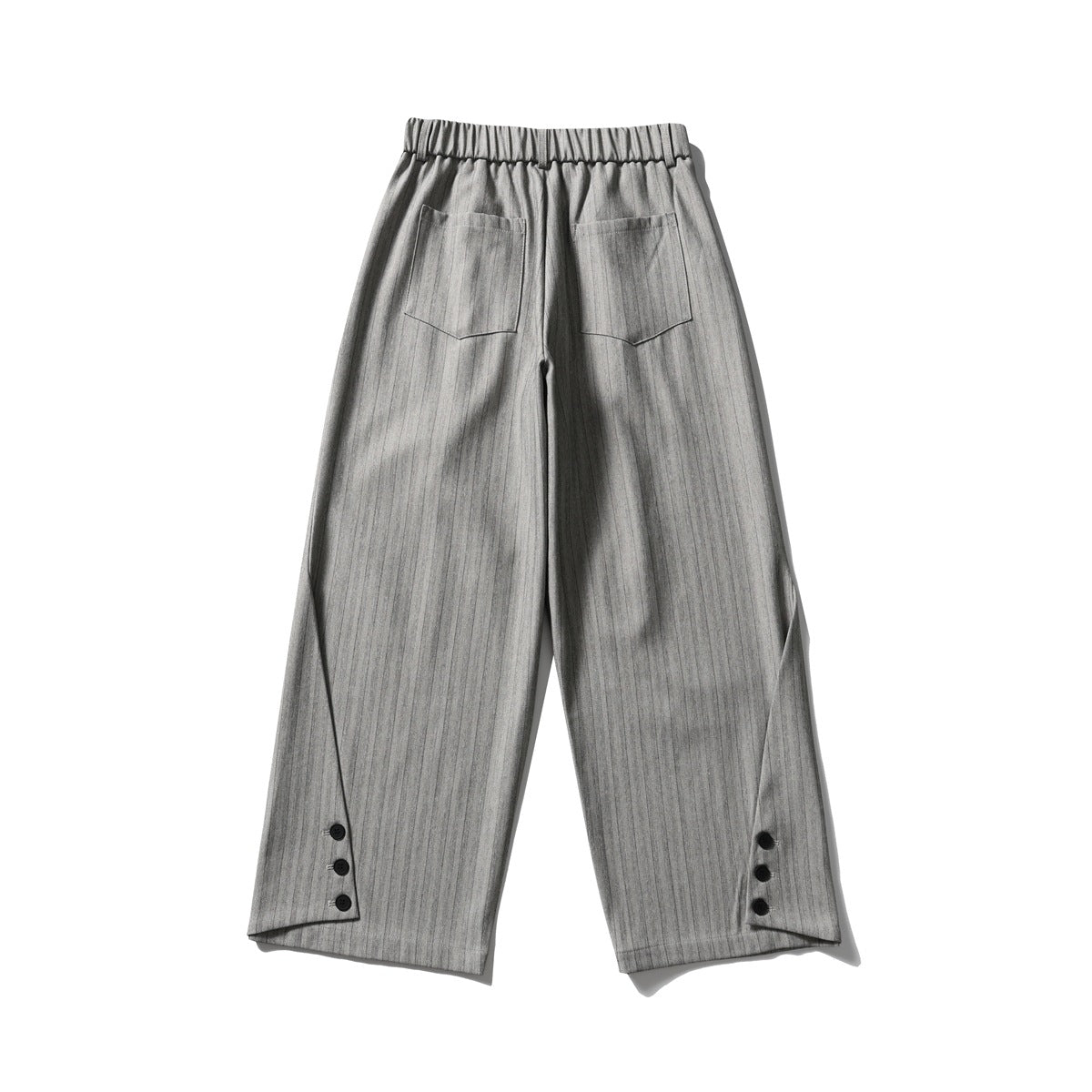 Light gray pinstriped wide-leg trousers back view with two patch pockets and three-button hem details