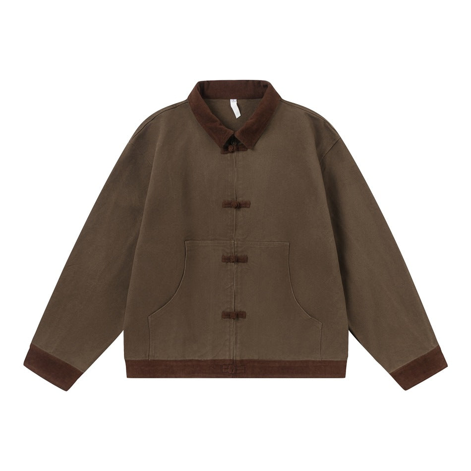 Dark coffee-brown jacket with deep brown trim, frog-button front and large patch pocket, flat lay