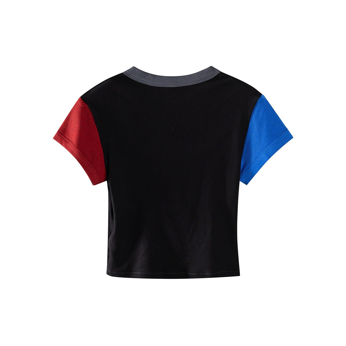 Back view of a black short-sleeve shirt with a red left sleeve, blue right sleeve, and gray neckline trim.
