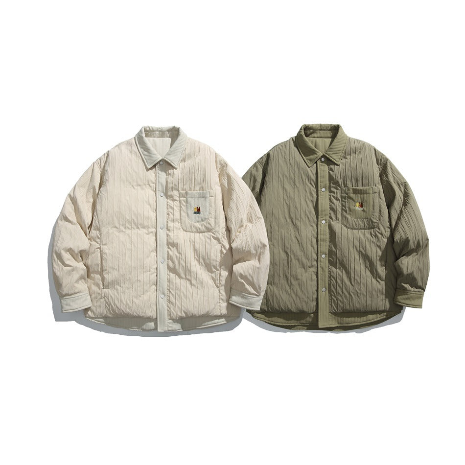 Two quilted snap-front jackets shown flat, one cream and one olive, each with a chest pocket.