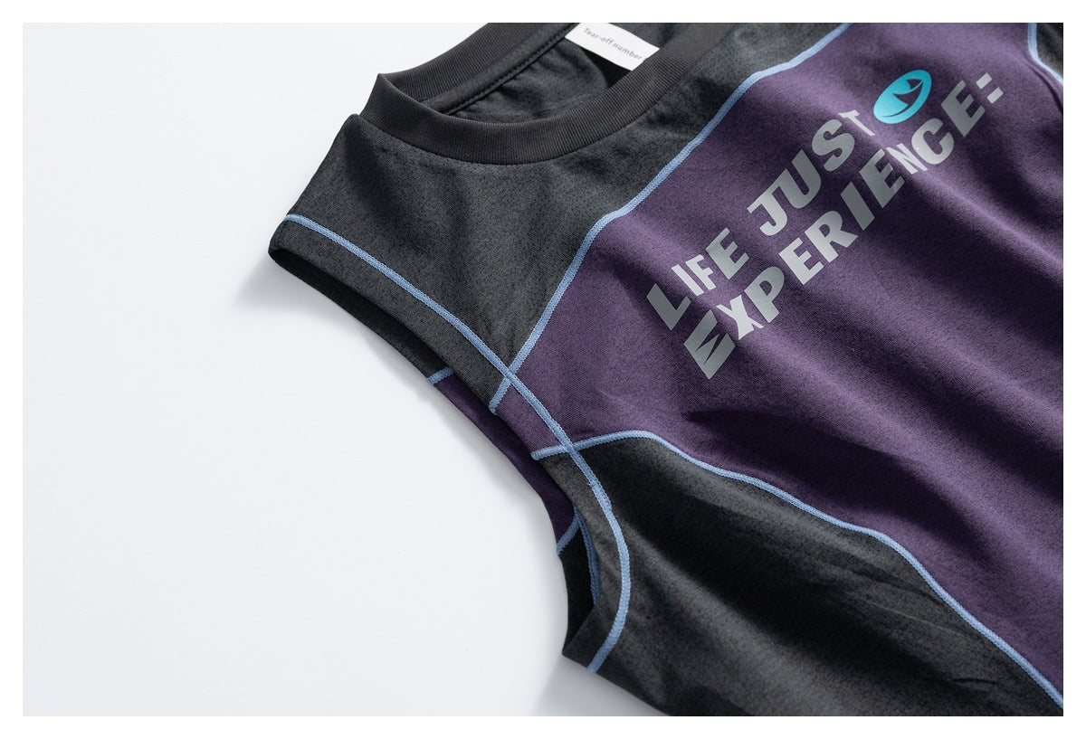 Angled close-up of a black and purple sleeveless top with pale blue piping and a large English chest graphic.