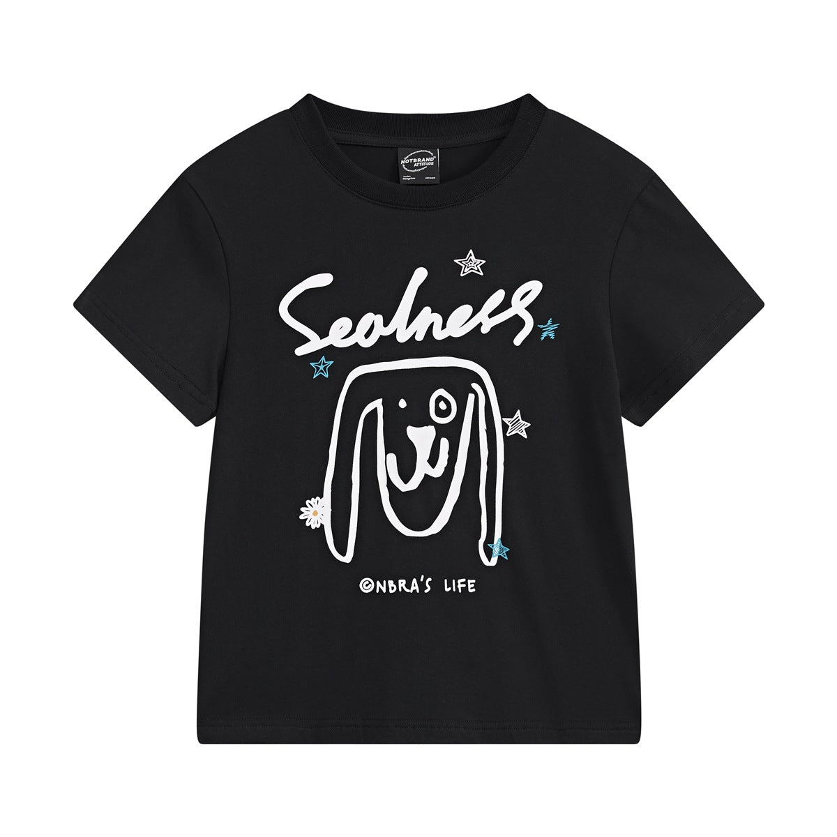 Black short-sleeve crew-neck T-shirt with white floppy-eared dog line drawing, stars and Seolness script print