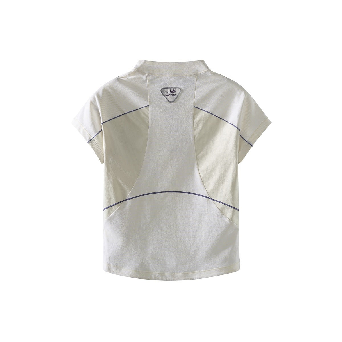 Back view of an off-white short-sleeve high-collar top with dark contrast piping.