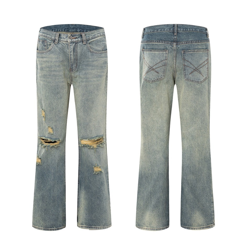 Light-wash wide-leg jeans shown from the front and back, with distressed front knees and crossed stitching on rear pockets.