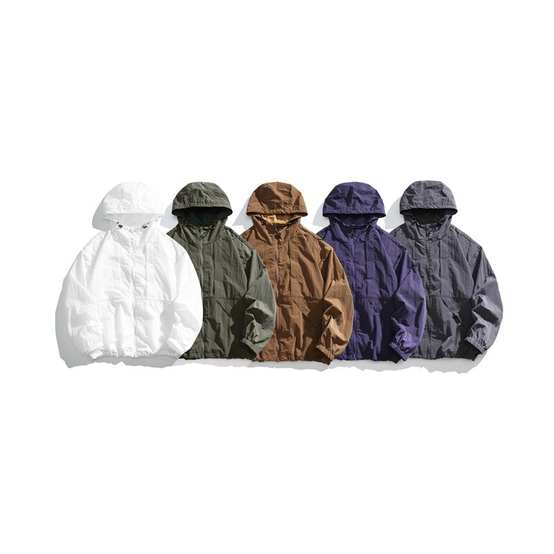 Five hooded jackets shown together in white, olive, brown, purple, and charcoal.