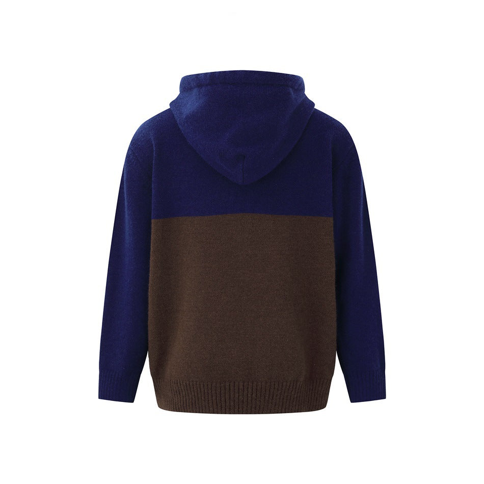 Back view of a color-block knit hoodie with a navy hood and sleeves and a dark brown body.
