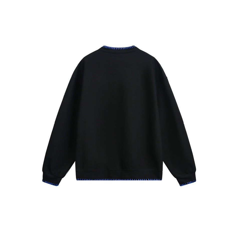 Back view of a black crewneck sweatshirt with bright blue contrast stitching at the collar, cuffs, and hem.