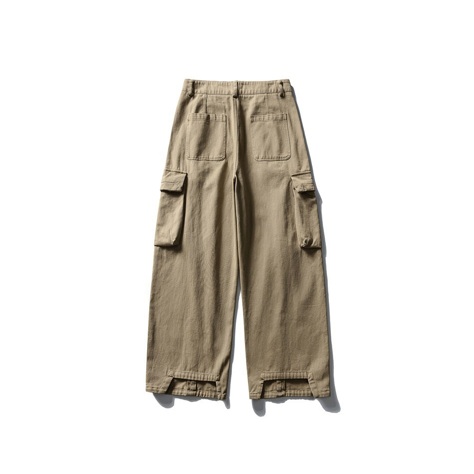 Back view of khaki wide-leg cargo trousers with two rear patch pockets and flap side pockets, laid flat.