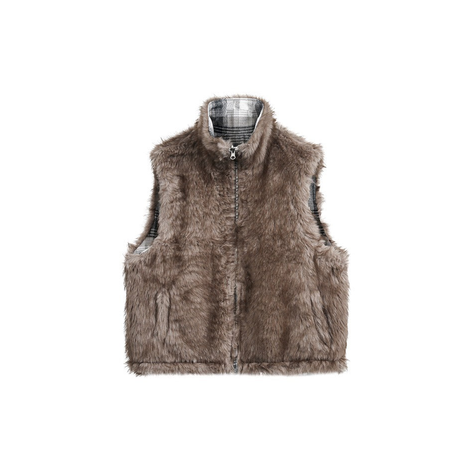 Front view of a brown faux-fur vest with a zip closure, stand collar, and plaid lining visible inside the collar.