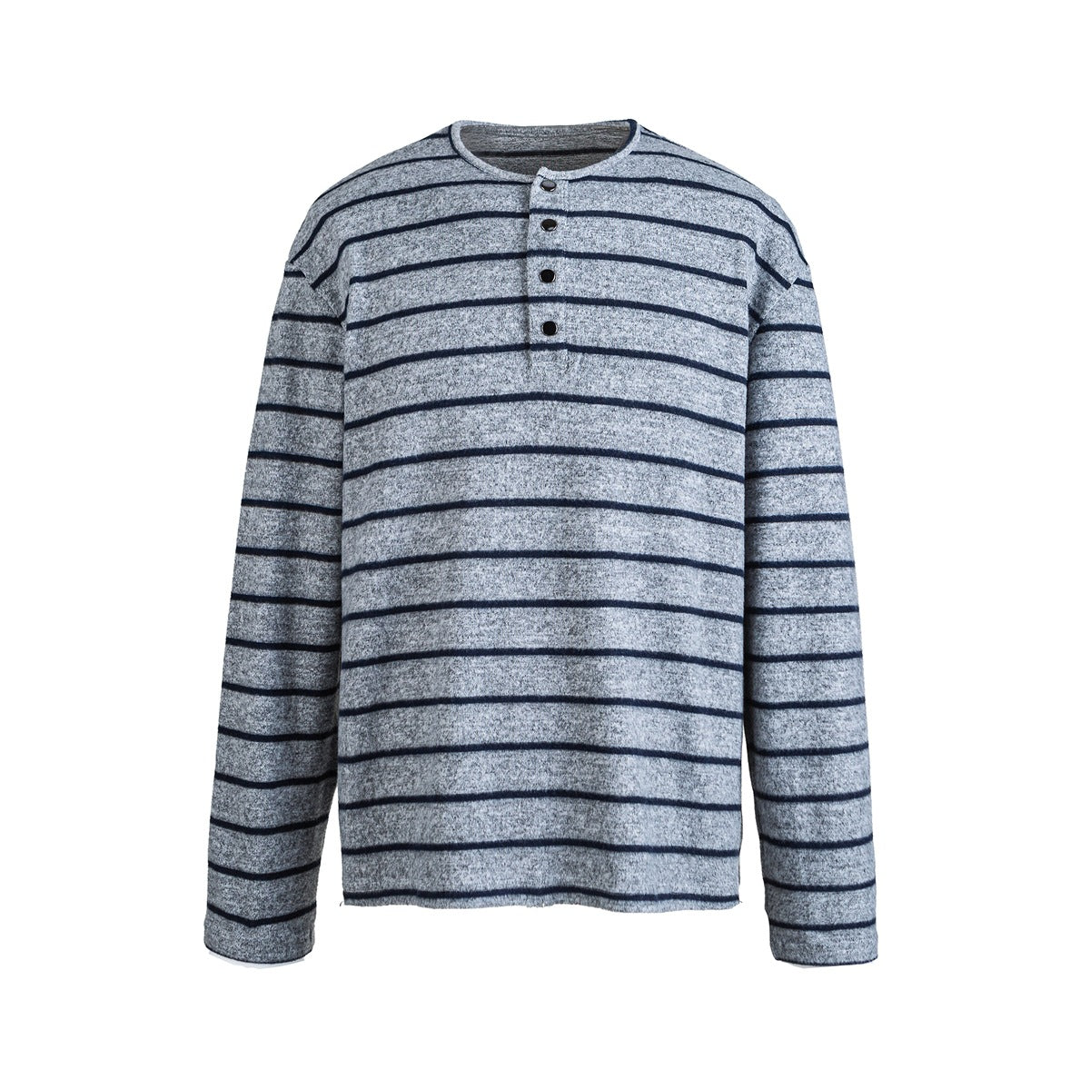 Gray heathered long-sleeve Henley top with navy horizontal stripes and four snap buttons, flat front view