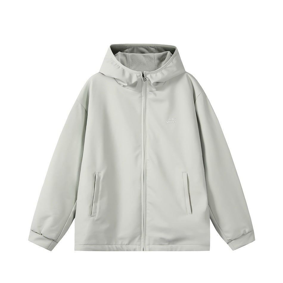 Beige hooded full-zip jacket, front view, with gray fleece-like hood lining, slit pockets and small chest logo