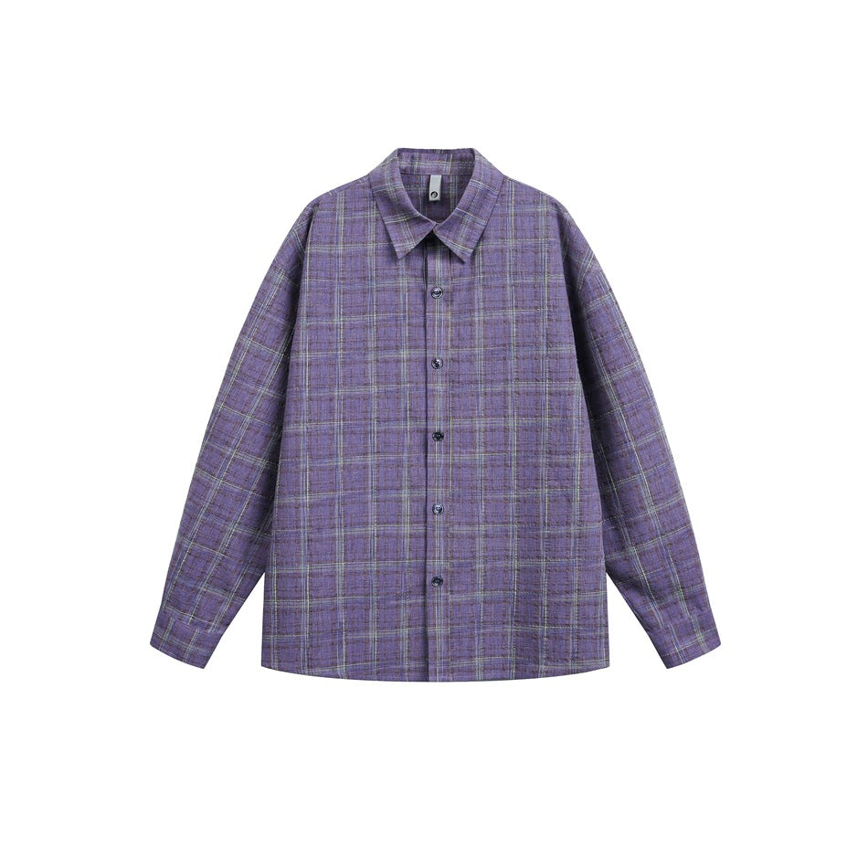 Purple plaid long-sleeve button-up shirt with pointed collar, flat front view on white background