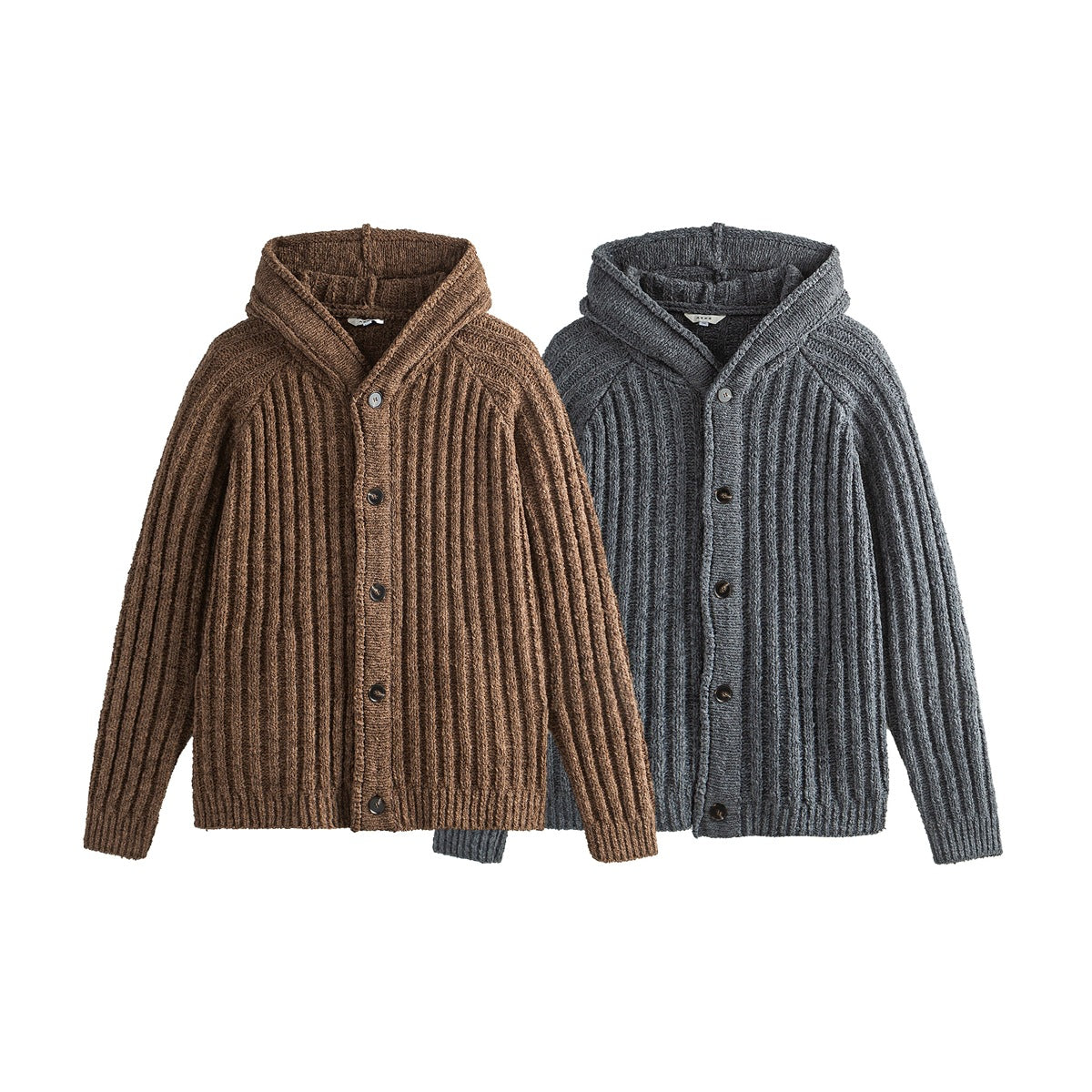Front view of brown and charcoal gray hooded rib-knit cardigans with button fronts and long sleeves.