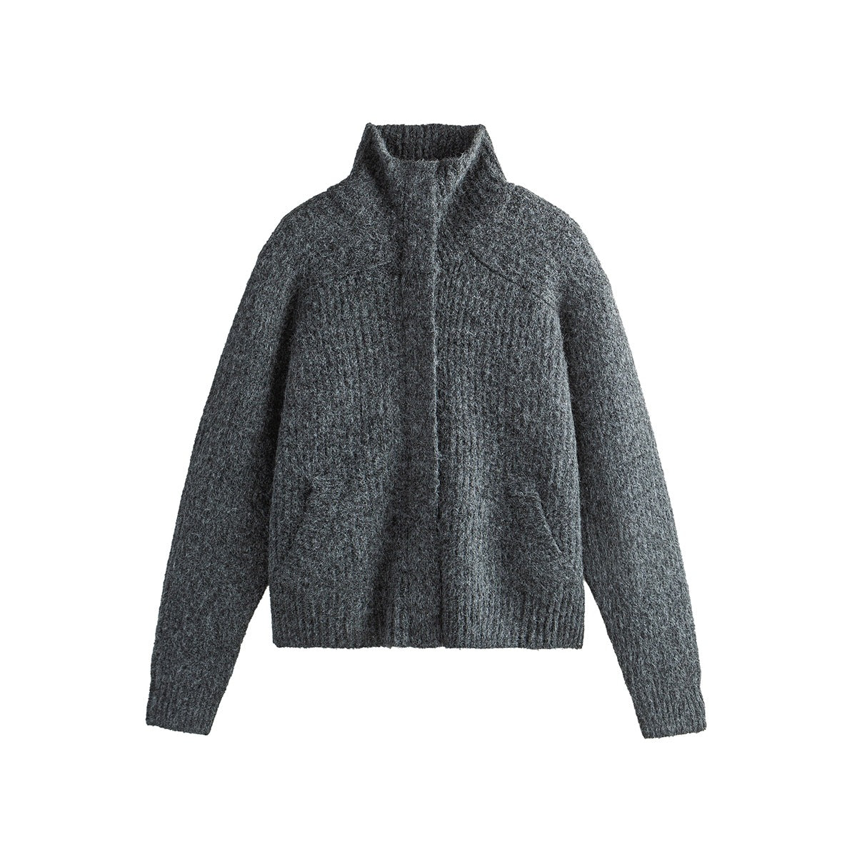 Dark gray textured knit cardigan with stand collar, front placket and ribbed cuffs and hem, flat lay front view