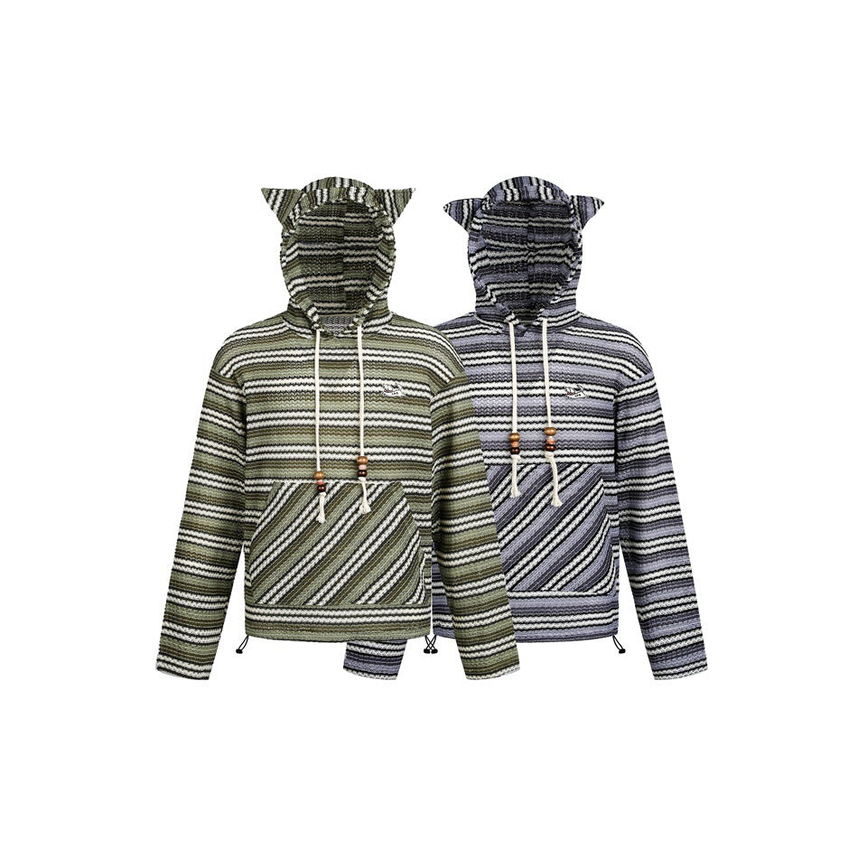 Two hooded pullovers shown together in olive, cream and black, and in gray, cream and black stripe colorways.