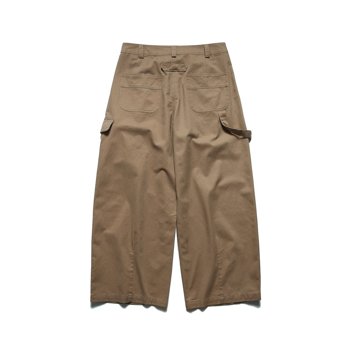 Full back view of wide-leg tan cargo trousers with belt loops, two rear pockets, and side cargo pockets.