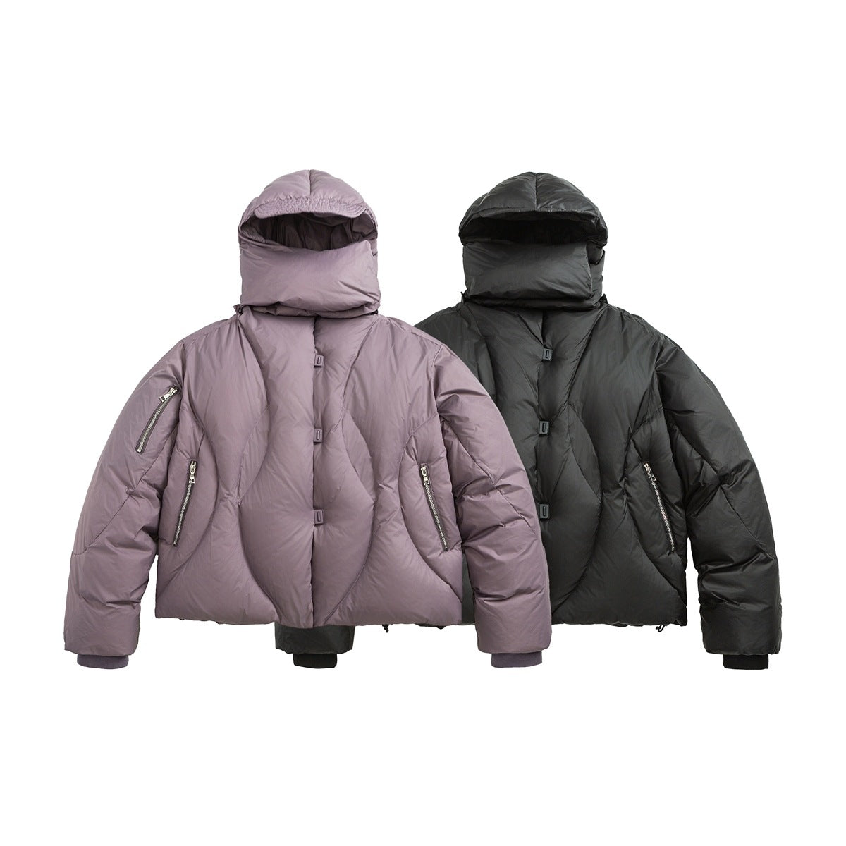 Purple and black quilted hooded puffer jackets displayed side by side