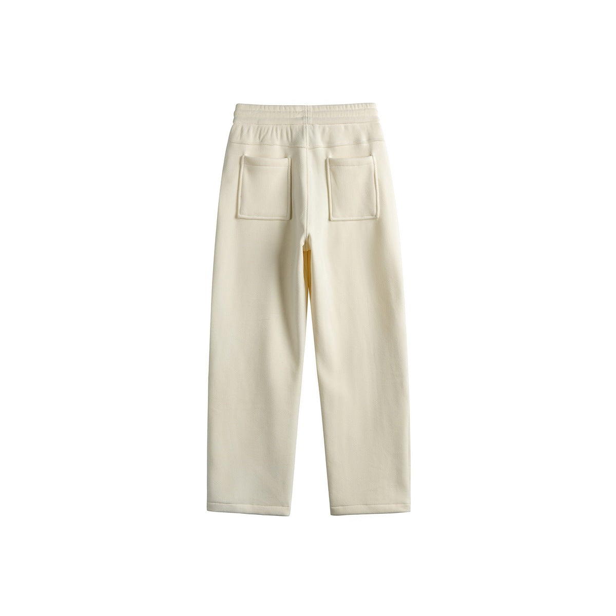 Back view of cream straight-leg pants with an elastic waistband and two square patch pockets.