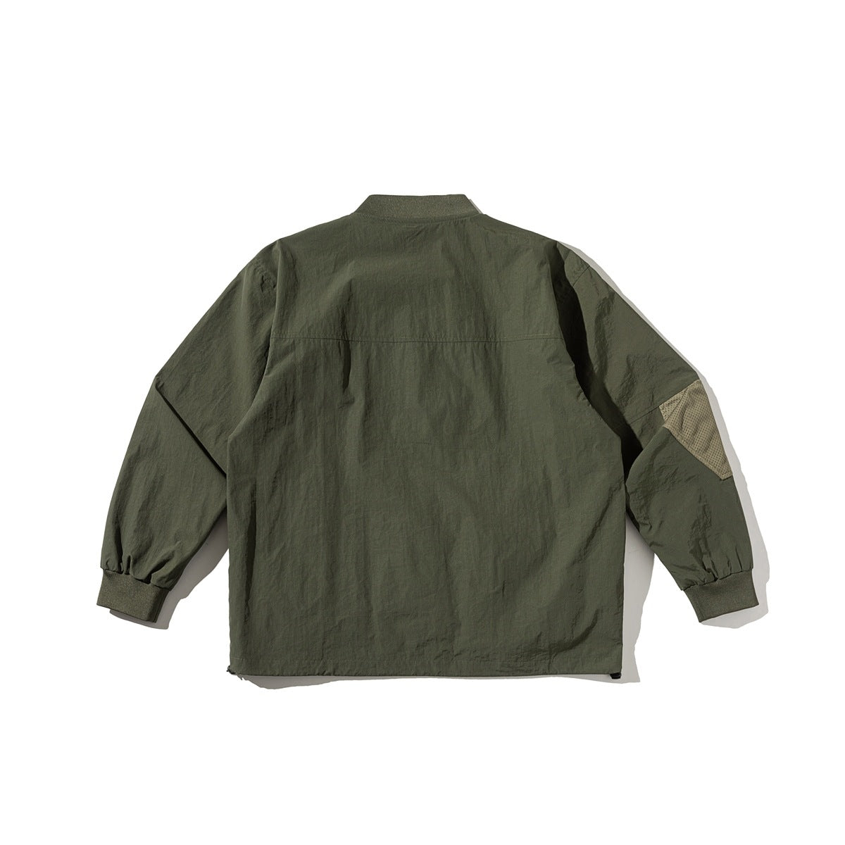Back view of a dark olive pullover jacket with long sleeves, ribbed cuffs and a mesh panel on one sleeve.
