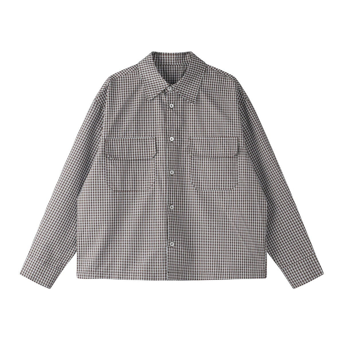 Front view of a brown, gray, and white checked button-up shirt with a pointed collar and two chest pockets.