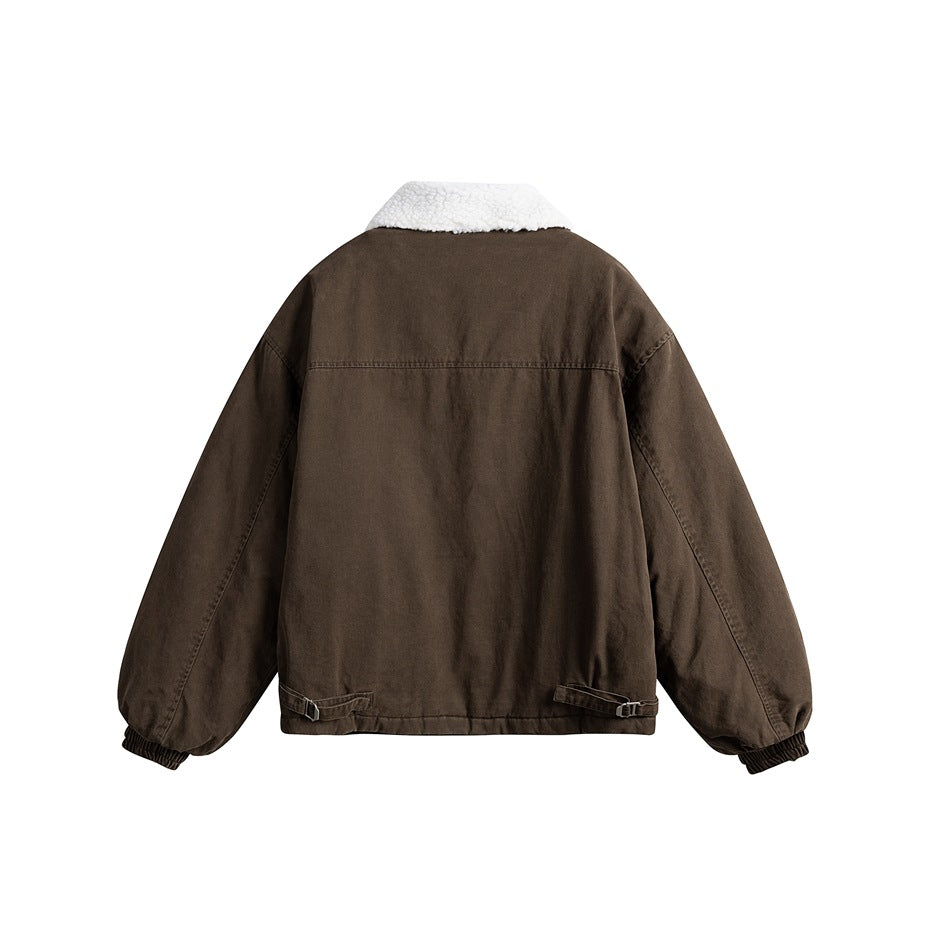 Back view of a brown jacket with a white sherpa collar, elastic cuffs, and adjustable hem tabs.