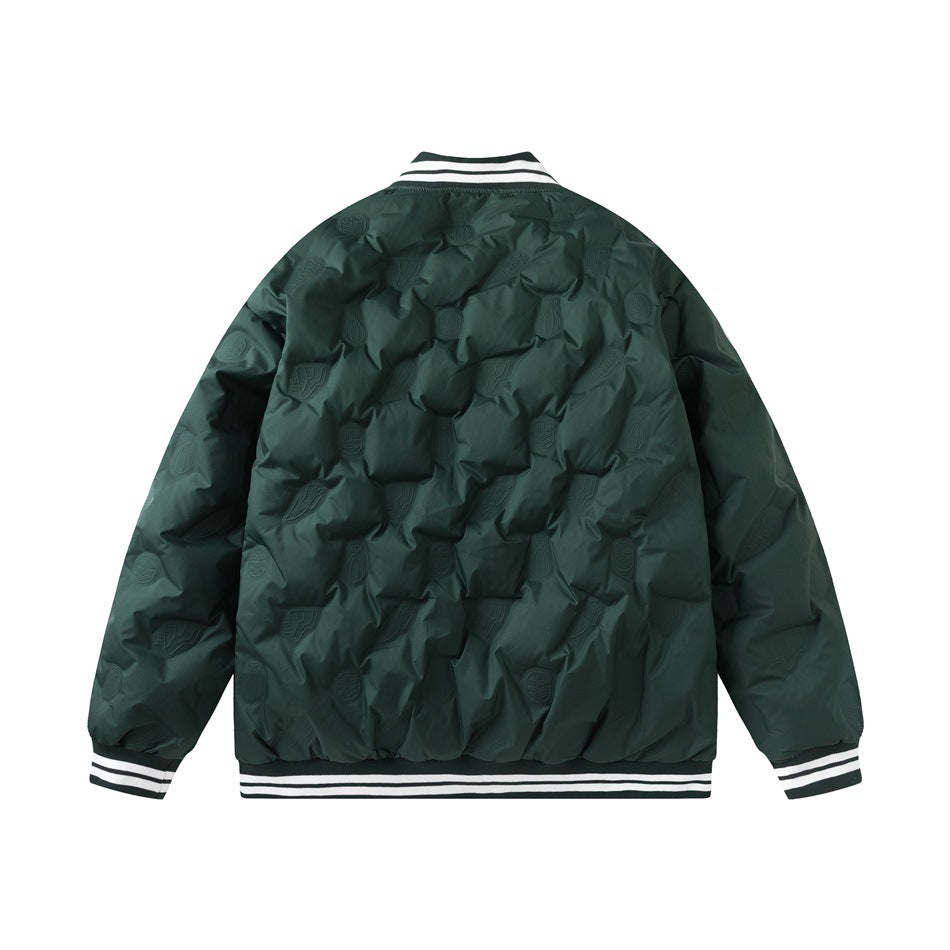 Back view of a dark green quilted jacket with a striped collar, cuffs, and hem.