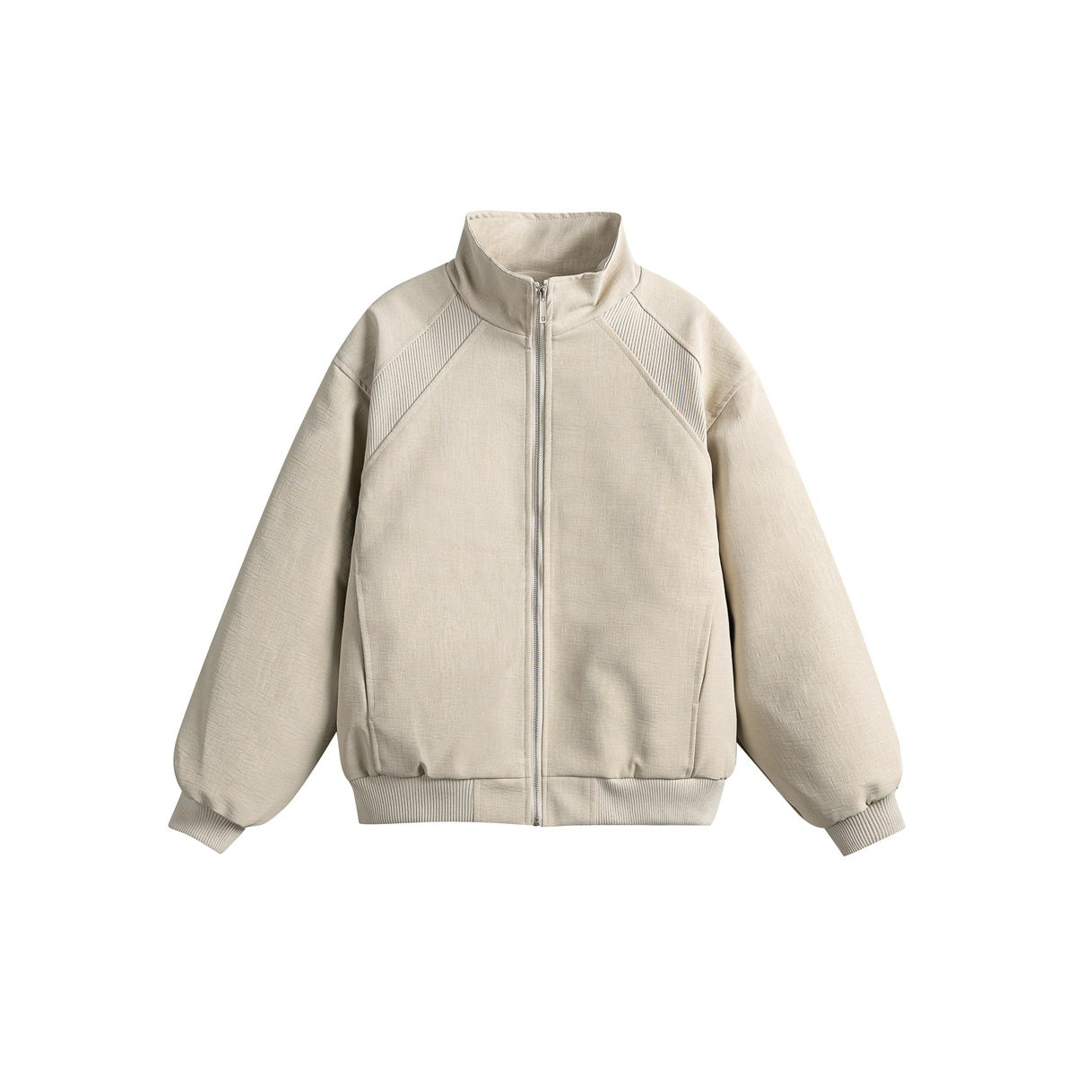 Apricot beige stand-collar zip jacket with ribbed raglan shoulder panels, cuffs and hem, flat front view