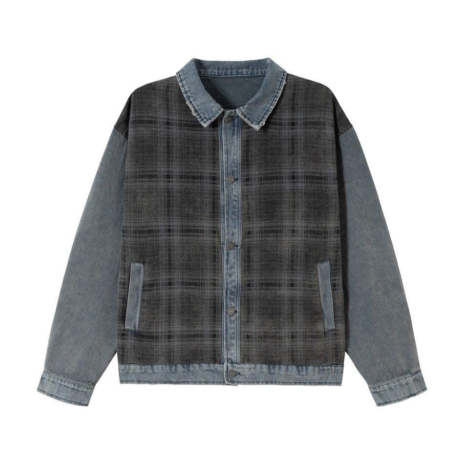 Front flat view of a blue washed denim jacket with gray-black plaid body panels and button front
