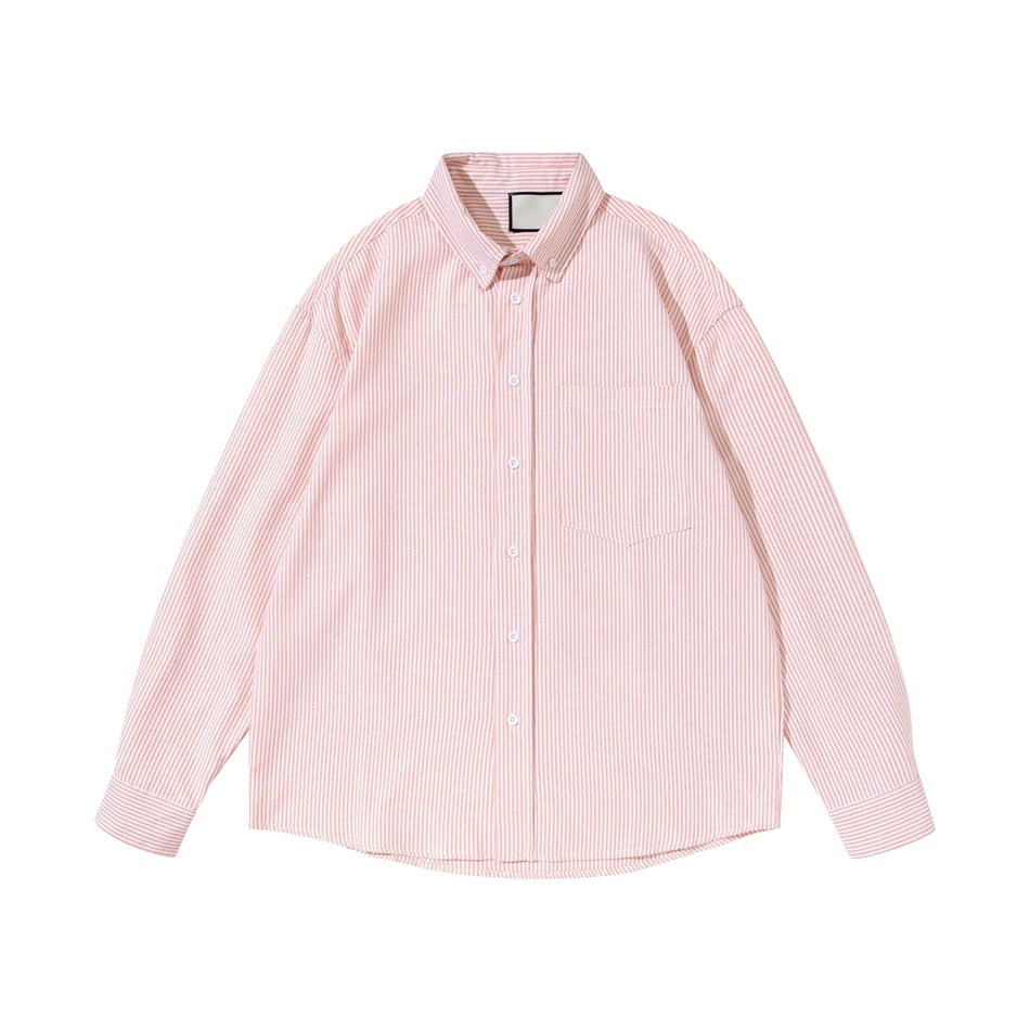 Front view of a pale pink-and-white vertically striped long-sleeve button-down shirt with a chest pocket.
