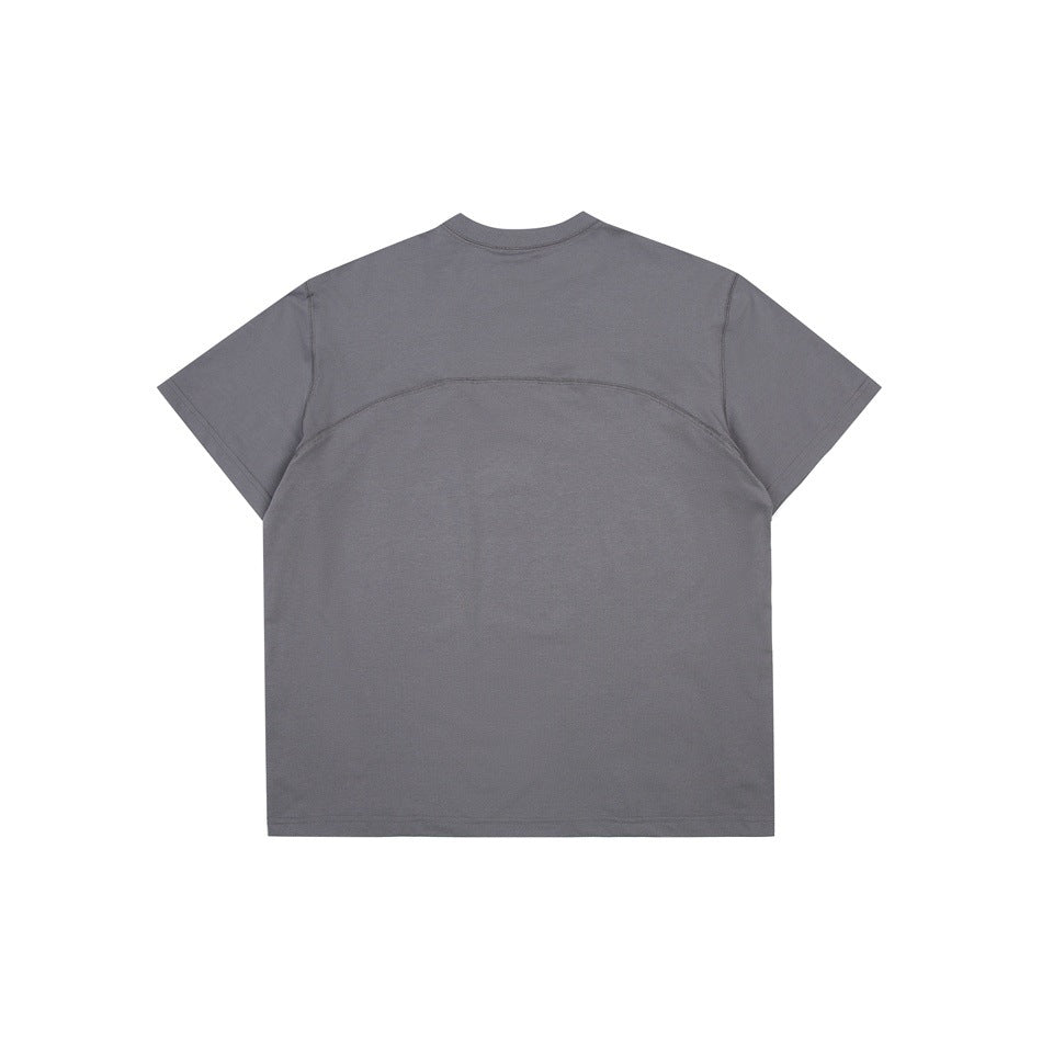 Back view of a plain gray short-sleeve crew-neck T-shirt with curved seam detailing.