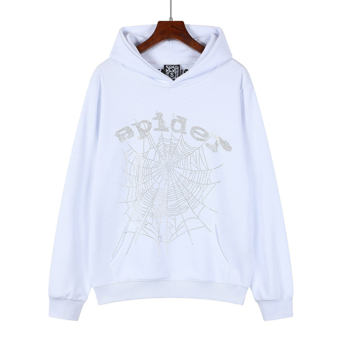 The Sp5der “Crystal Web” Hoodie is a white, heavyweight oversized pullover with a hood and front pocket, featuring a rhinestone spiderweb and "spider" text for bold Y2K streetwear style.