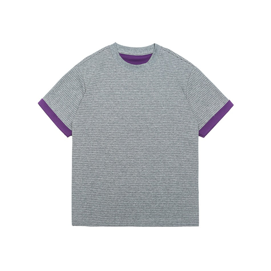 Gray striped crew-neck short-sleeve T-shirt with purple contrast cuffs and purple inner neck, flat front view