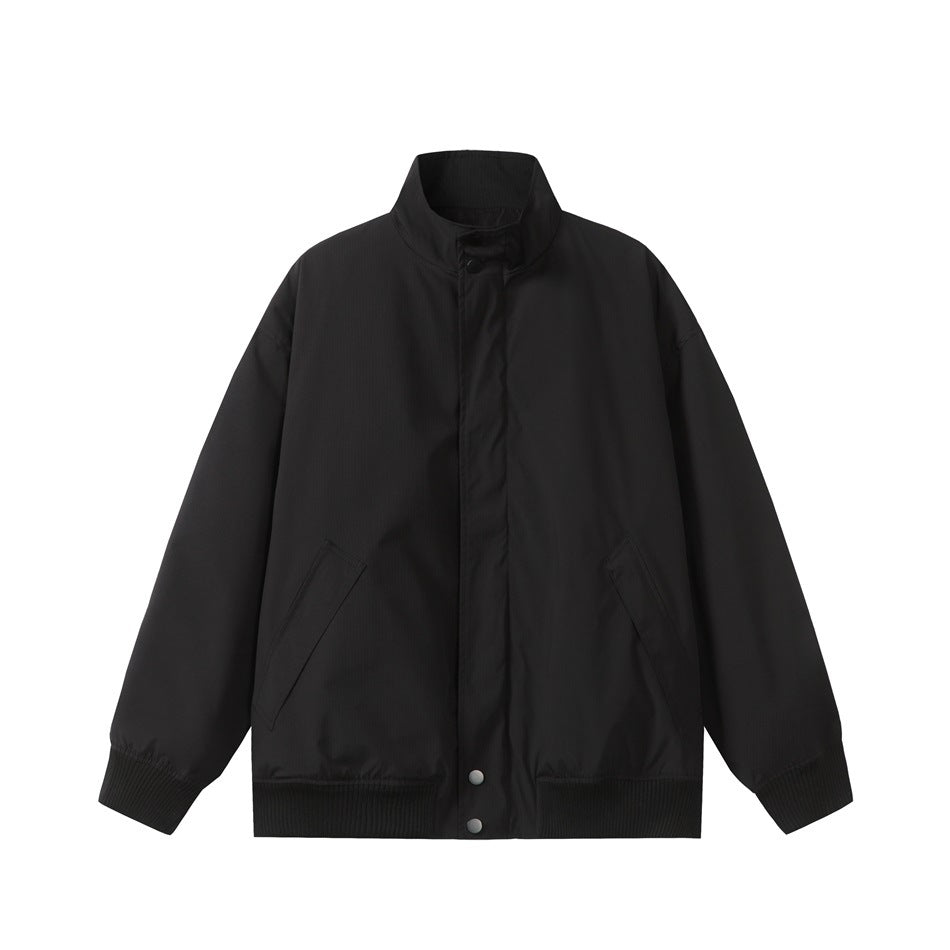 Black stand-collar jacket flat lay, front view, with snap placket, slanted pockets and ribbed cuffs and hem