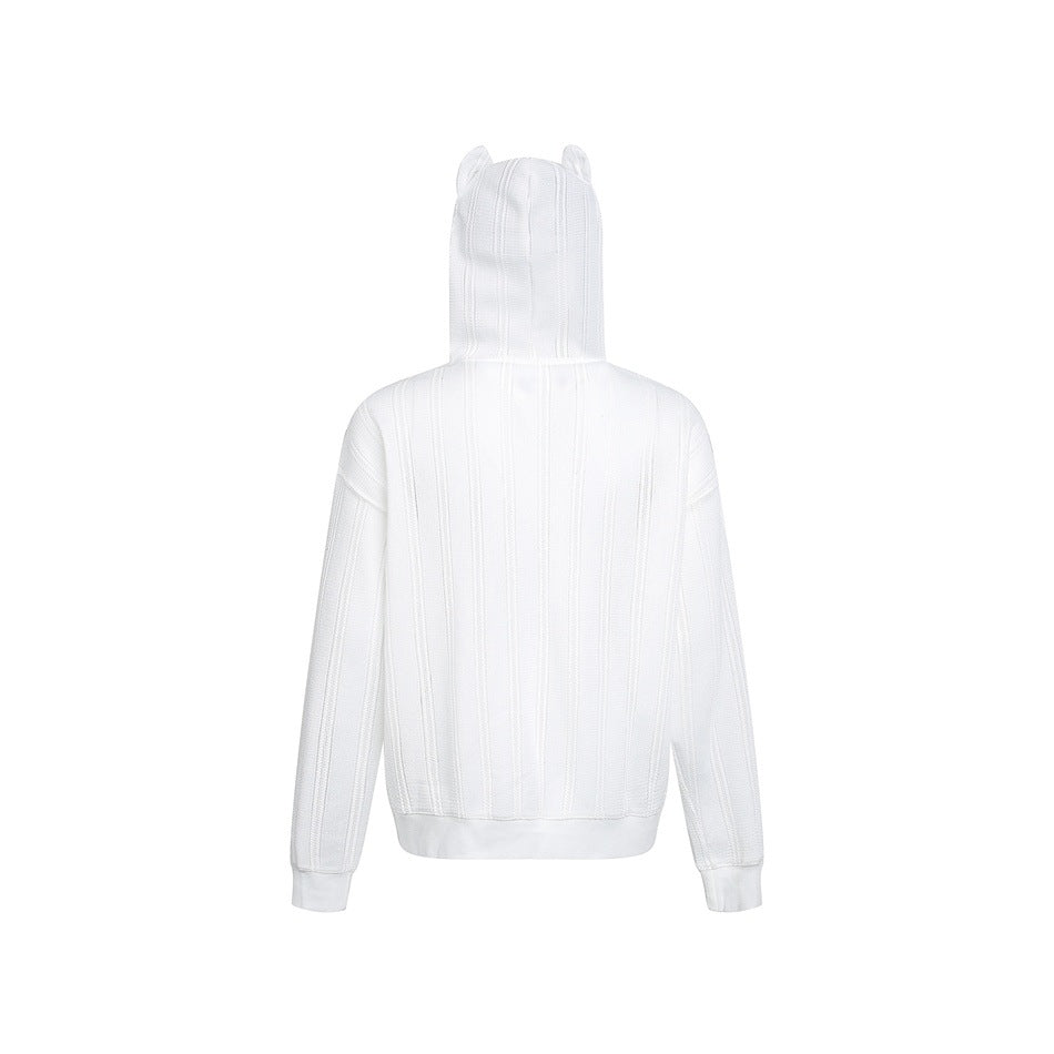 Back view of a white knit hoodie with vertical textured stripes, ribbed cuffs and hem, and small ear-like hood details.