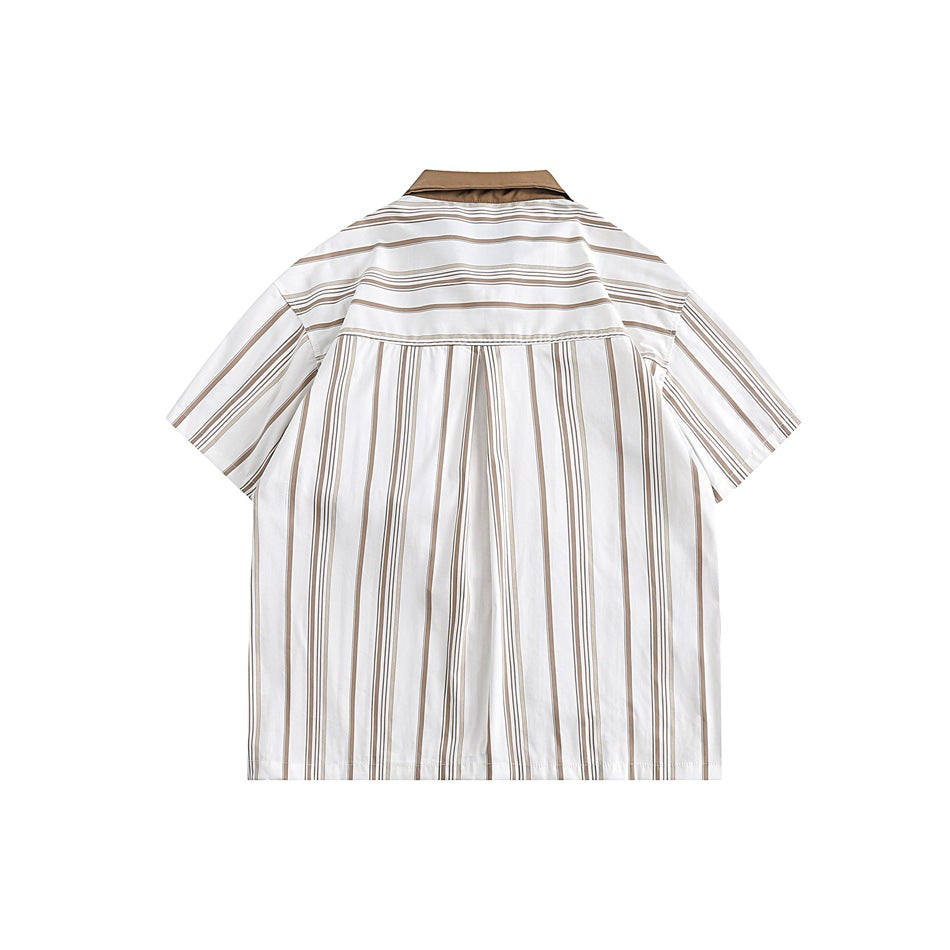 Back view of a white short-sleeve shirt with tan vertical stripes and a tan collar.