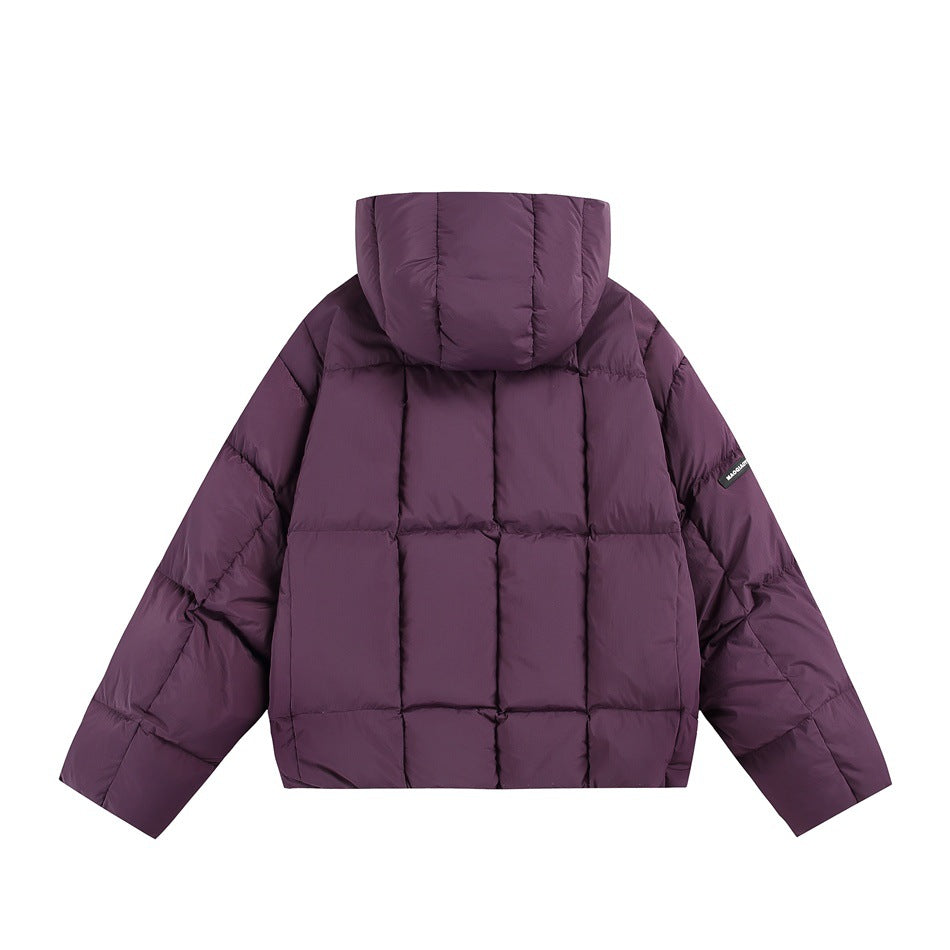 Back view of a deep plum hooded puffer jacket with broad quilted panels and long sleeves.