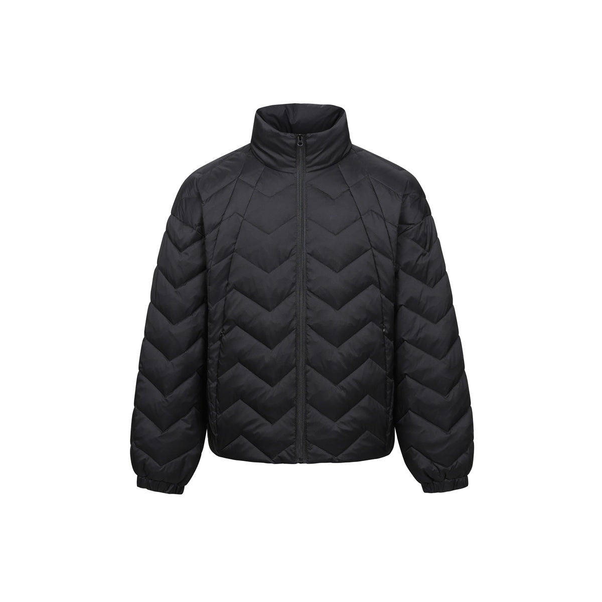 Black chevron-quilted stand-collar zip jacket with elastic cuffs, front view on plain white background