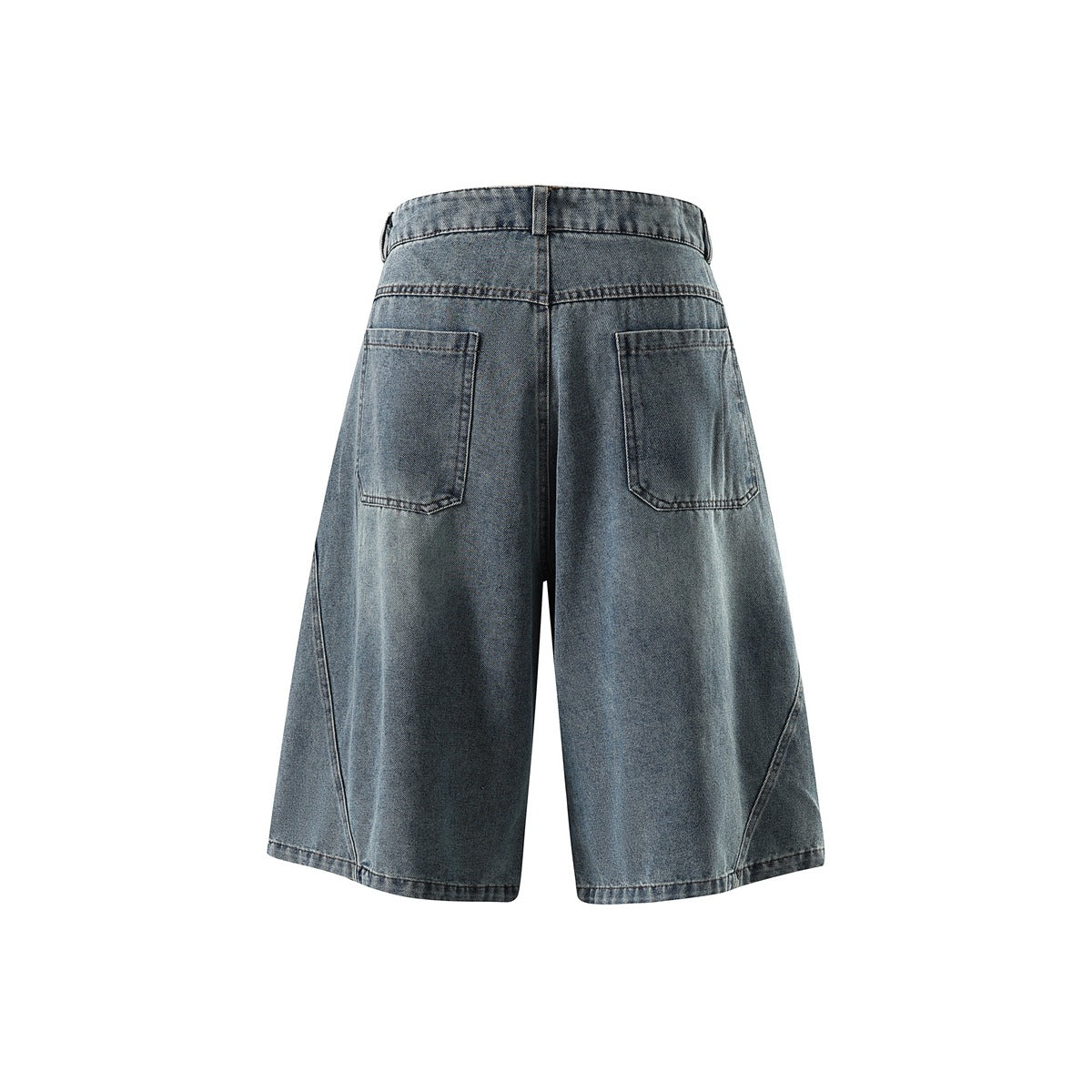 Back view of washed blue denim shorts showing two patch pockets and diagonal leg seams