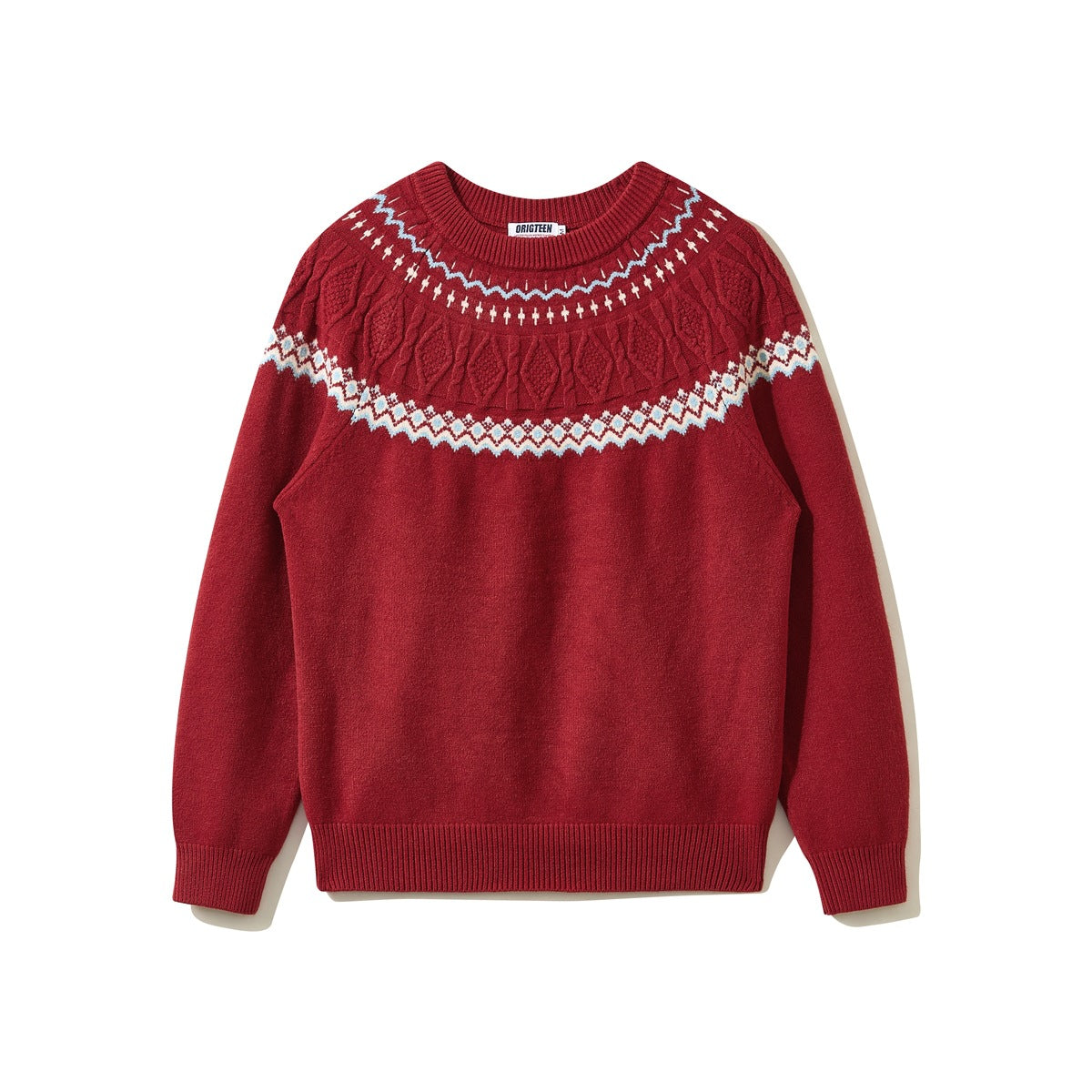 Red crew-neck knit sweater with white and light blue Fair Isle yoke pattern and cable texture, flat lay front view