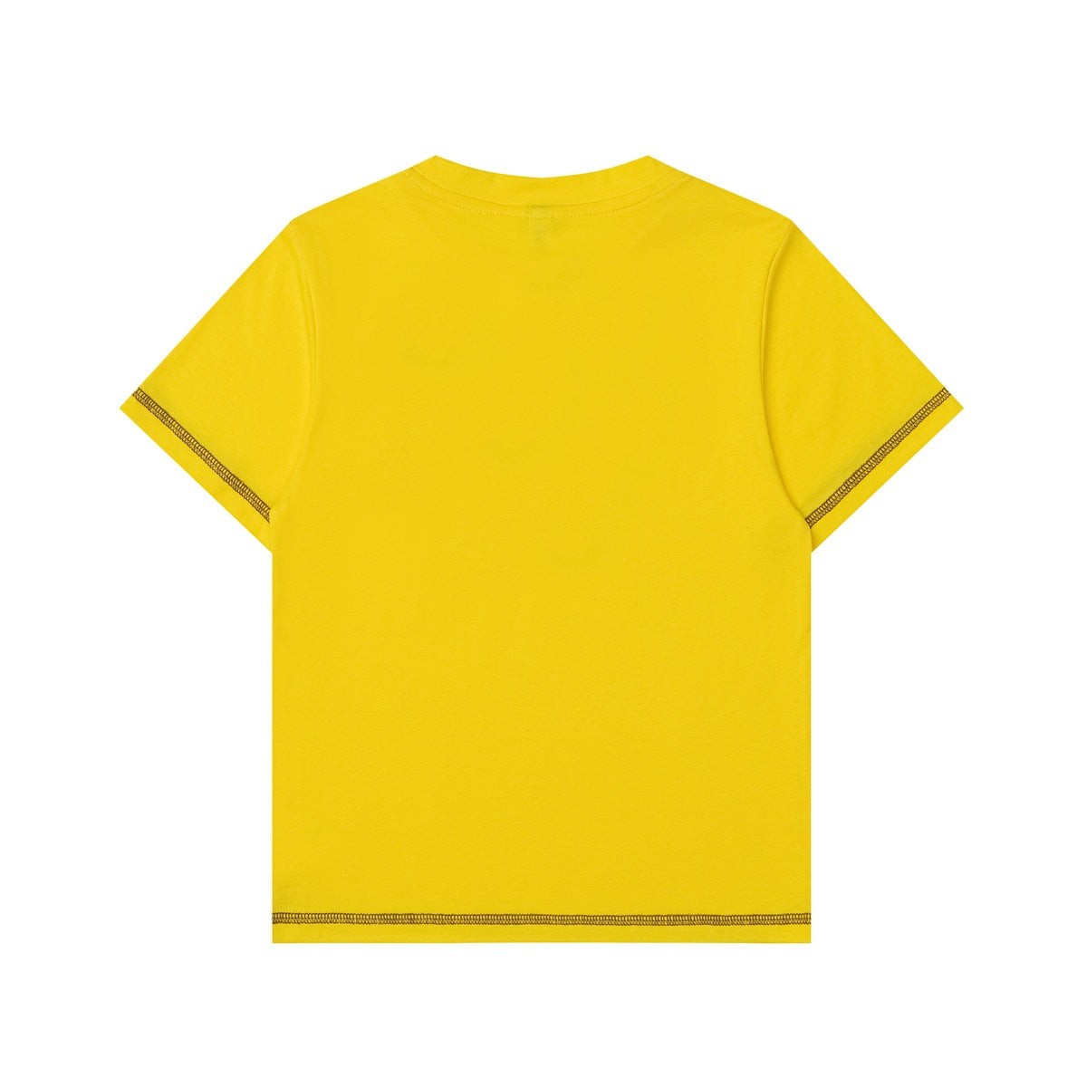 Back view of a yellow short-sleeve crew-neck T-shirt with contrast stitching at the sleeves and hem.