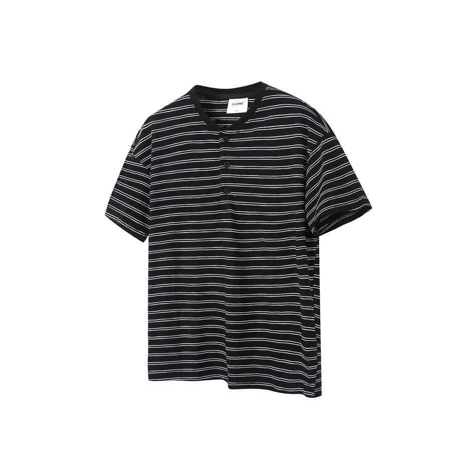 Black short-sleeve Henley T-shirt with white horizontal stripes, three-button placket and black neckband, flat view
