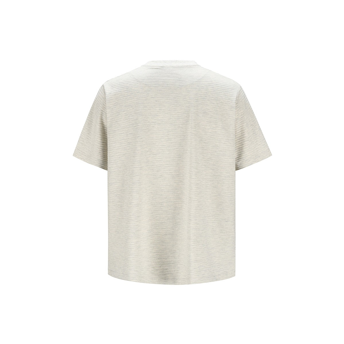 Back view of a light heather short-sleeve shirt with a subtle horizontal texture.