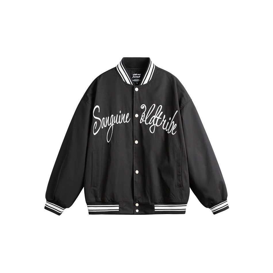 Black varsity baseball jacket with white script lettering, striped collar, cuffs and hem, snap front, front view