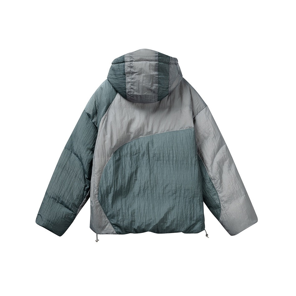 Back view of a hooded puffer jacket with curved gray and dark teal color-block panels and hem drawcords.