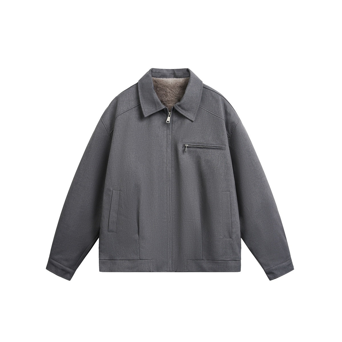 Gray zip-front jacket with turn-down collar, taupe plush lining at neck, chest zip pocket and slash pockets, flat front view