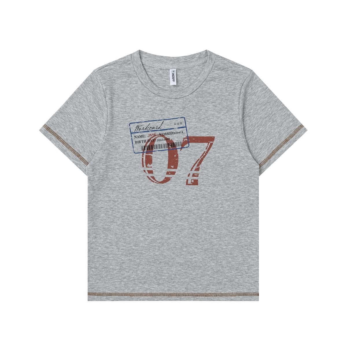 Heather gray short-sleeve crew-neck T-shirt with red-brown 07 graphic, Workcard label print and contrast stitching