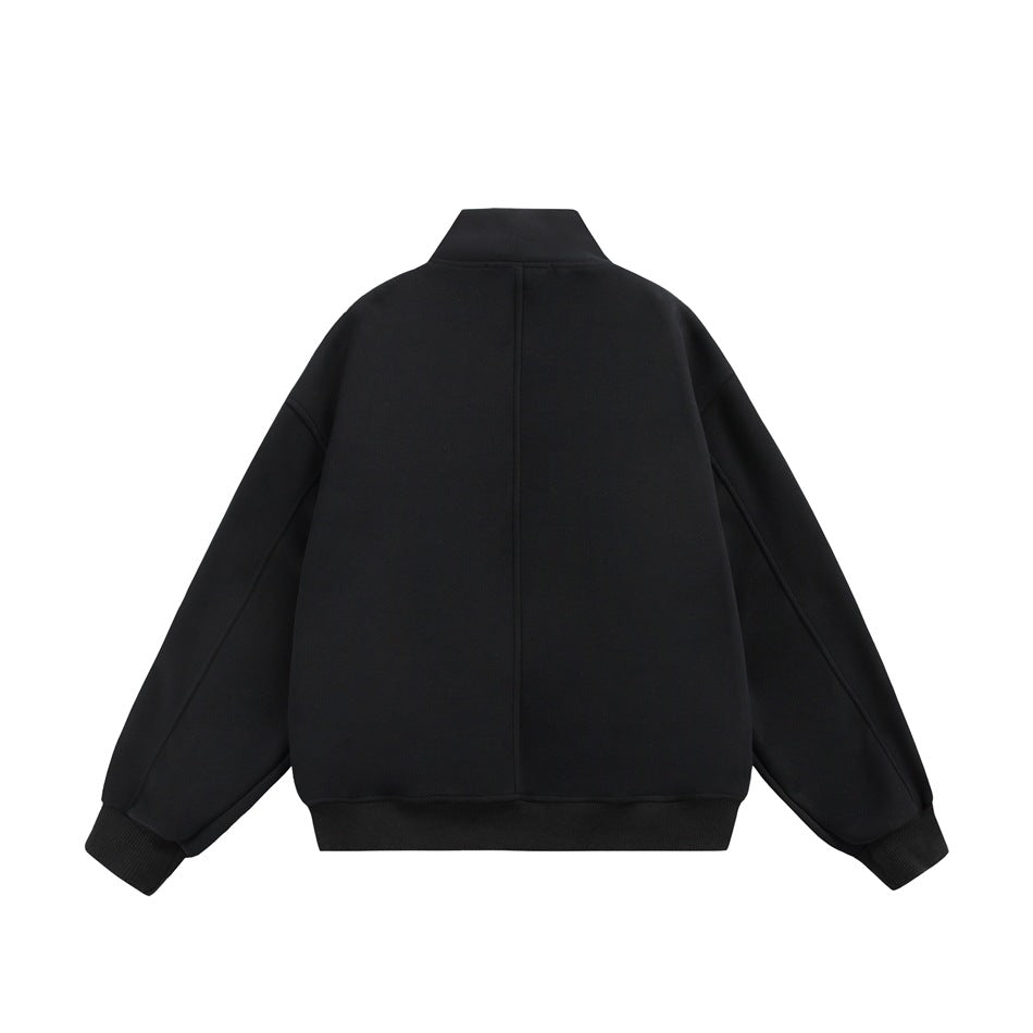 Back view of a black stand-collar jacket with long sleeves, ribbed cuffs, and a ribbed hem.