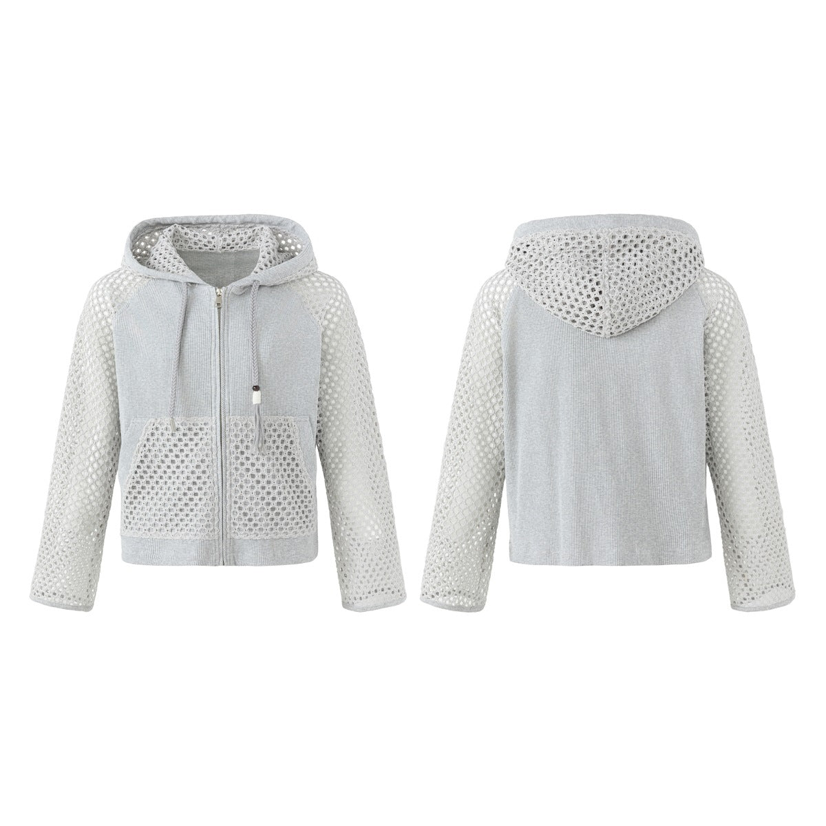 Light gray hooded zip jacket shown from the front and back, with open-knit sleeves, hood, and front pockets.