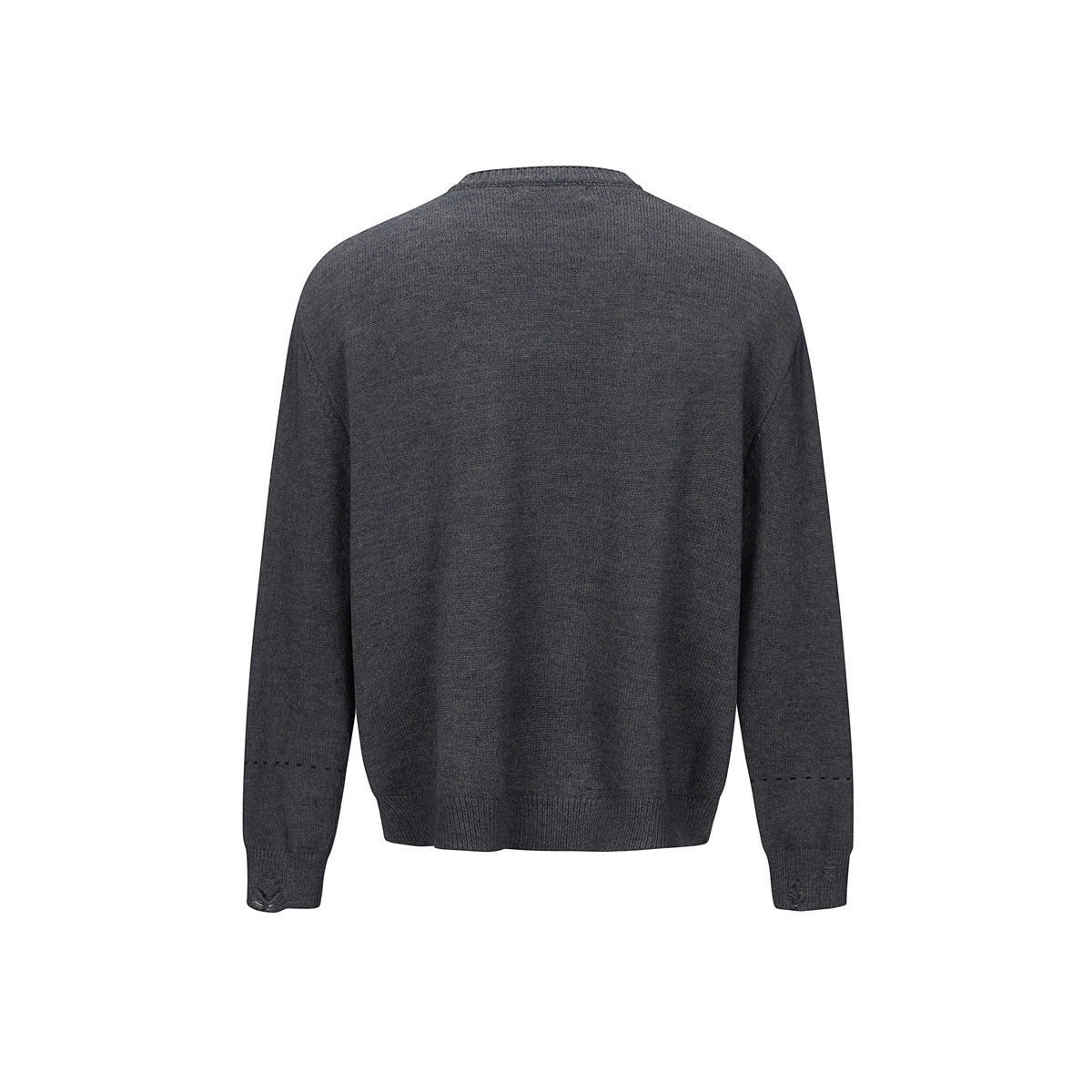 Back view of dark gray knit cardigan with ribbed hem and cuffs and dotted sleeve stitching